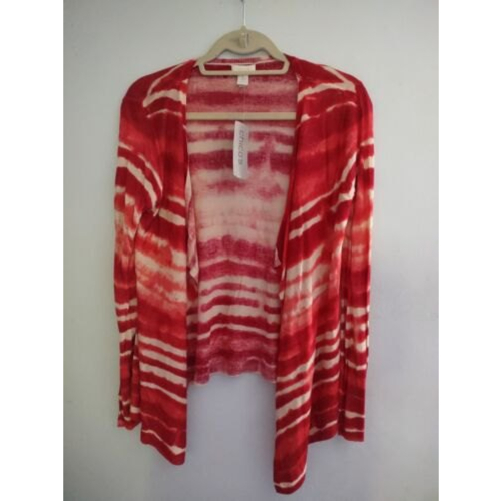 Chico’s Sz 1 Open Front Cardigan Sweater Solstice Stripe Daiquiri Red $99 New